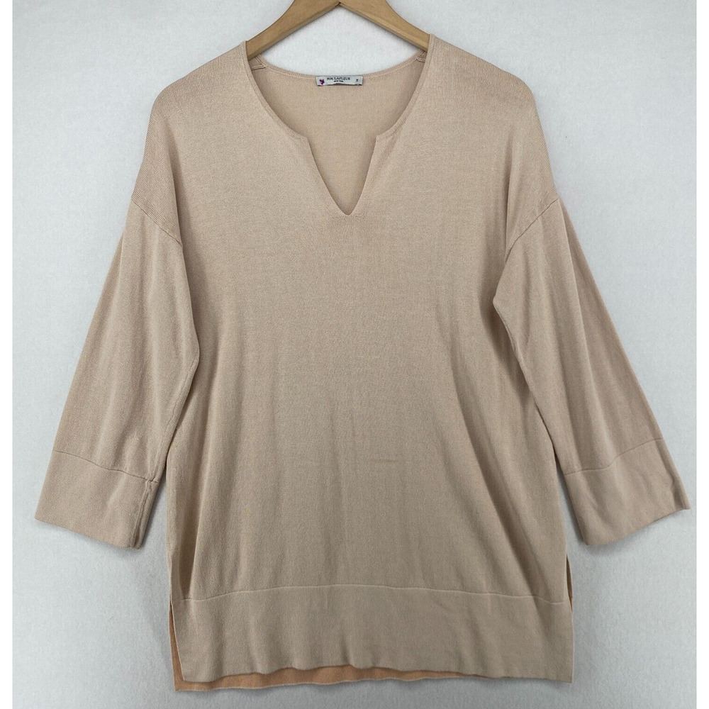 MM. LAFLEUR Sweater M Cotton Viscose Tunic Split Neck 3/4 Sleeve Pullover Beige